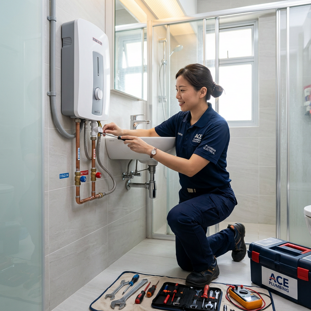 Professional technician installing water heater in Singapore HDB